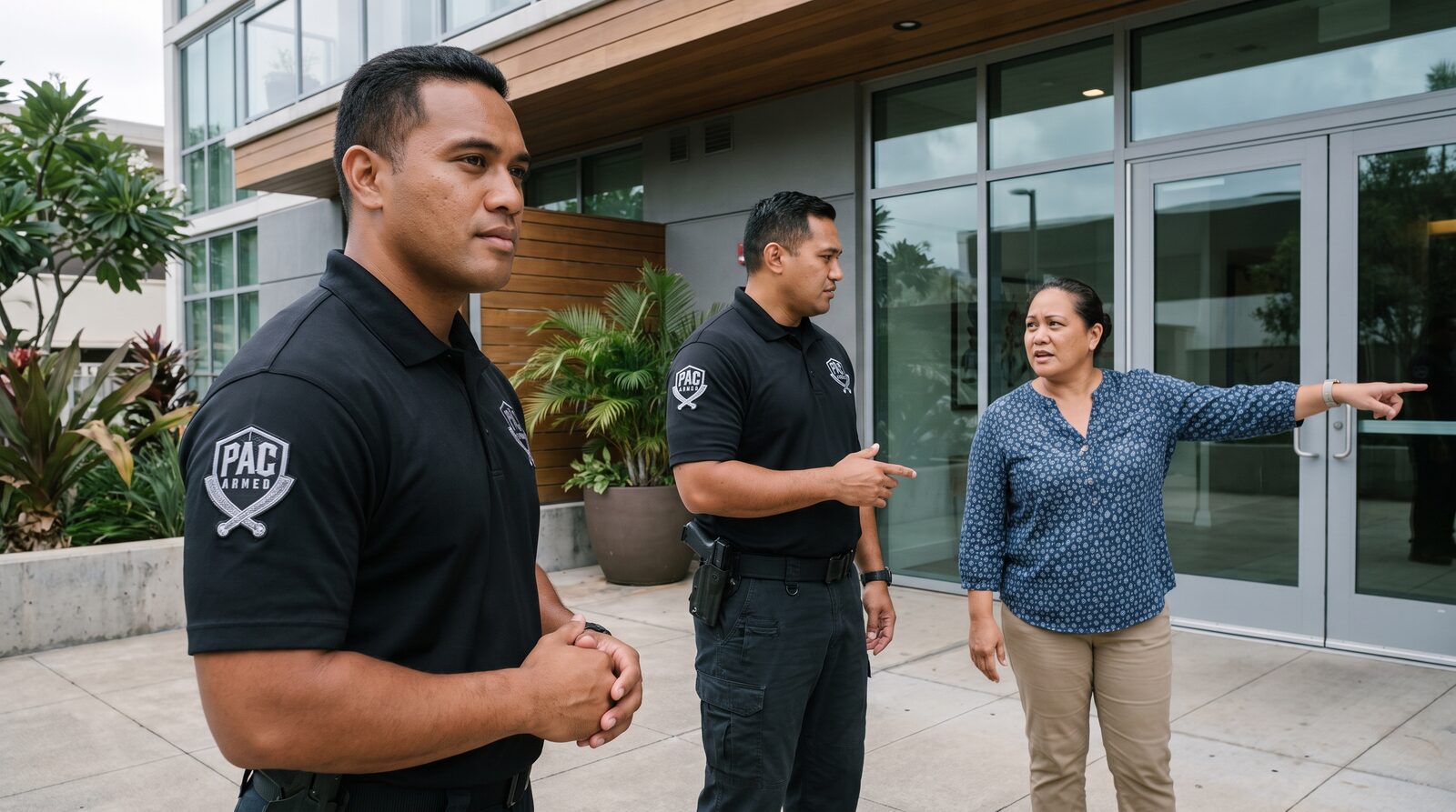 Property manager reviewing armed and unarmed security coverage options with professional security officers.