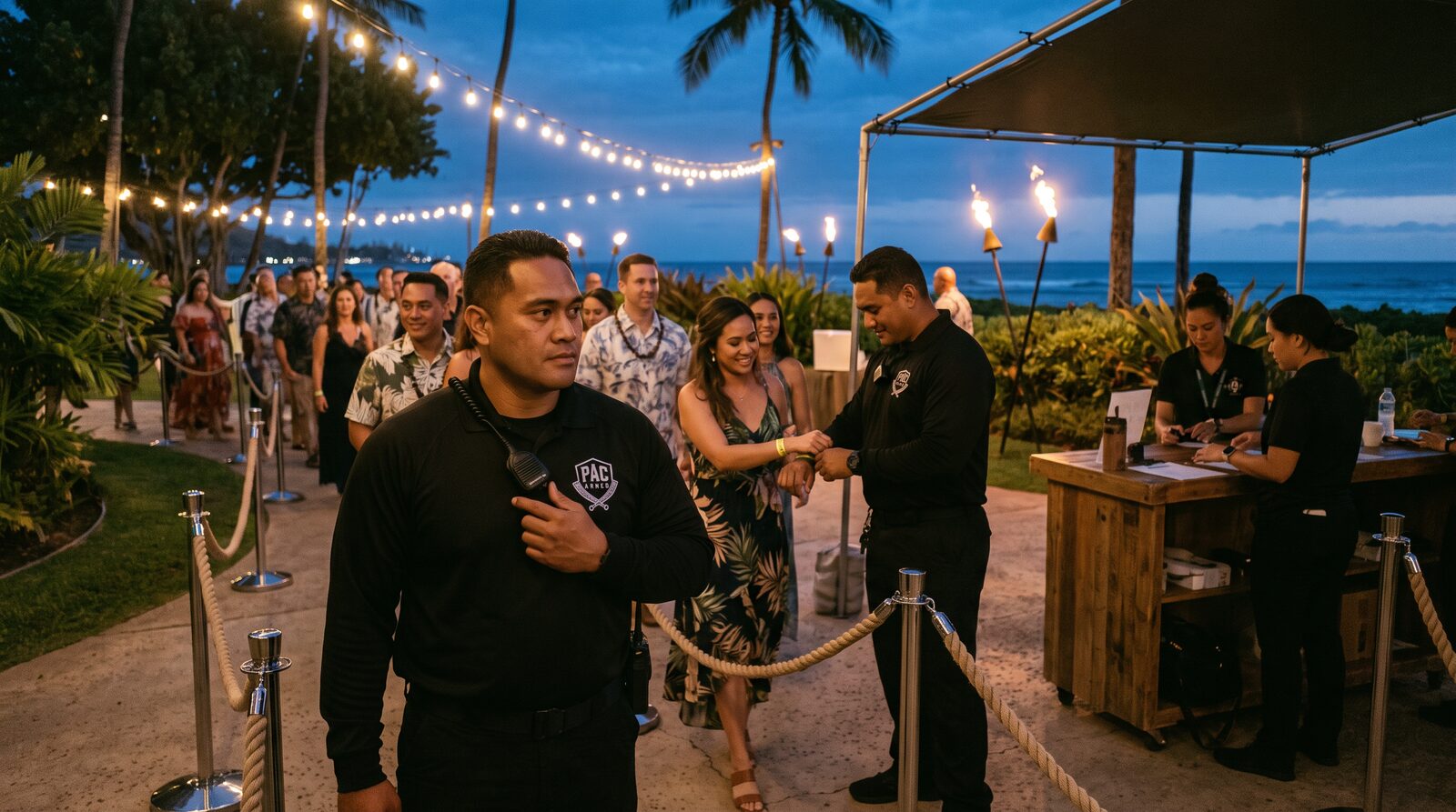 Security officers managing guest entry and monitoring access at a professionally organized event.