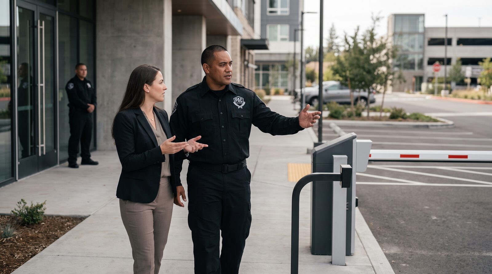 Property manager and security supervisor reviewing security procedures during a property walkthrough.